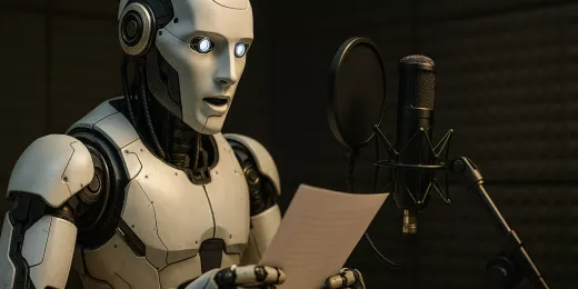 Roboter hält Mikrofon und Blatt Papier vor dunklem Hintergrund.