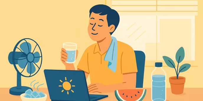 Mann in gelbem Hemd sitzt mit Laptop und Kaffee am Schreibtisch.