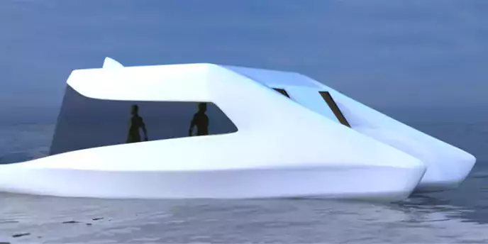 Weißes, schnittiges, dynamisch geformtes, selbststeuerndes Boot auf dem Wasser im Meer. Elegantes Design und ansprechende, fließende Formen. Produktdesign von elfgenpick.