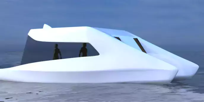 Unleash Future Boats Weißes, schnittiges, dynamisch geformtes, selbststeuerndes Boot auf dem Wasser im Meer. Elegantes Design und ansprechende, fließende Formen. Produktdesign von elfgenpick.