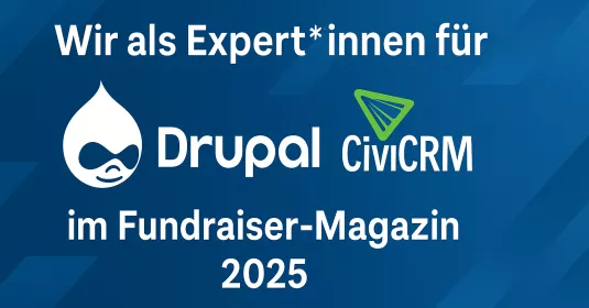 Drupal CiviCRM Logos auf blauem Hintergrund, Text in Weiß