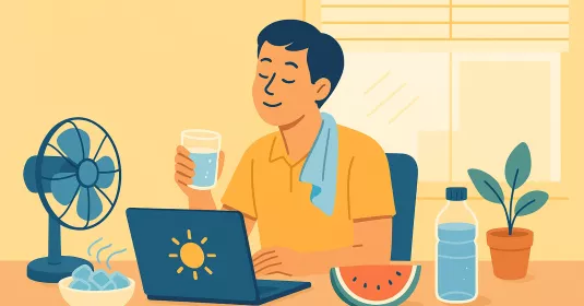 Mann in gelbem Hemd sitzt mit Laptop und Kaffee am Schreibtisch.