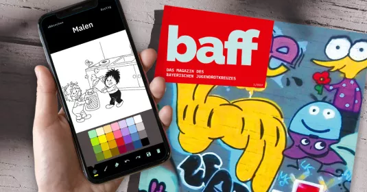myBaff App mit geöffnetem Ausmalspiel und einer baff Ausgabe im Hintergrund