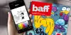 myBaff App mit geöffnetem Ausmalspiel und einer baff Ausgabe im Hintergrund