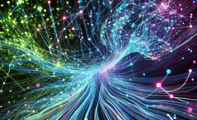 Abstrakte Darstellung eines neuronalen Netzwerks, das als KI interpretiert werden kann.