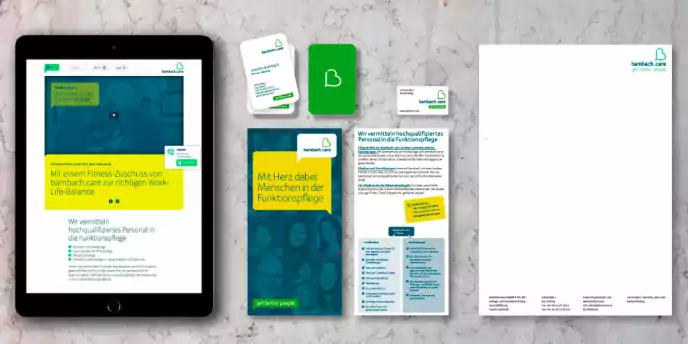 Elfgenpick Werbeagentur Augsburg Corporate Design Beispiel Bambachcare mit Briefpapier, Flyer, Visitenkarte und Webauftritt